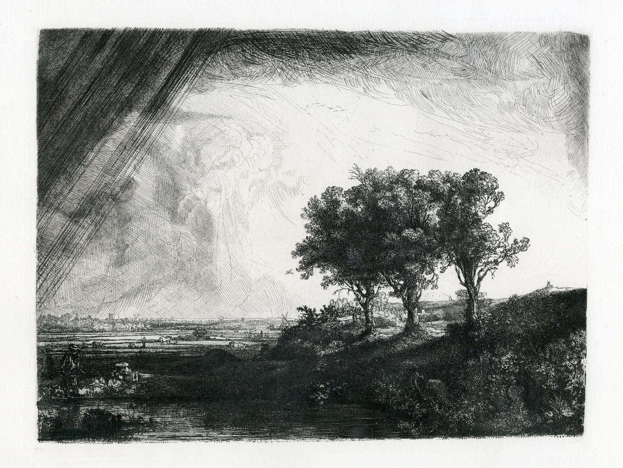 etching of landscape with storm on the horizon